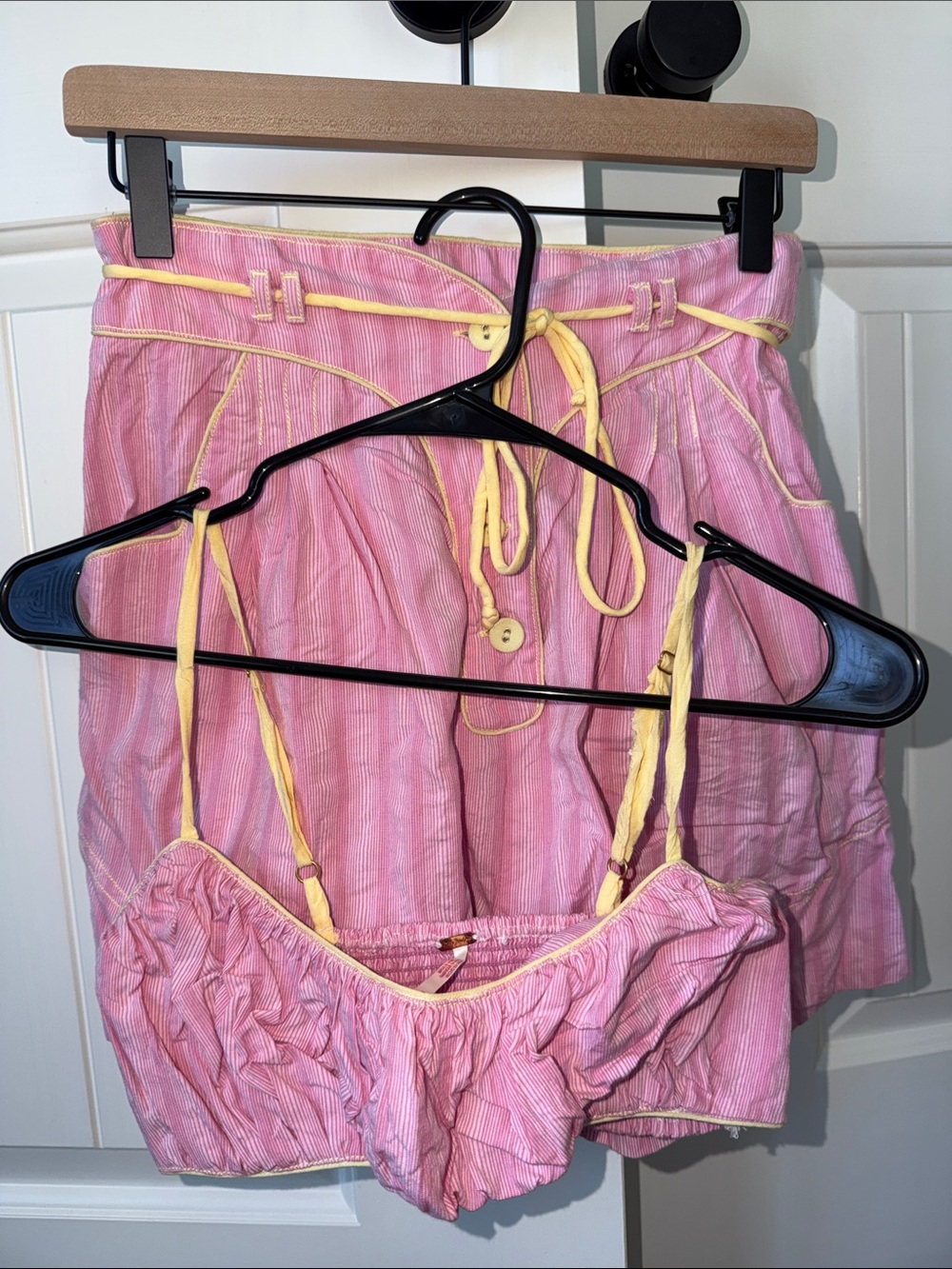 Free People Pink Striped Shorts and Crop Top with Yellow Trim